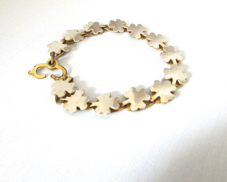 Vintage Gold Silver Tone Shamrock Clover Link Bracelet