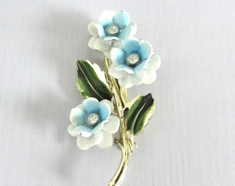 Enamel Blue White Flower Pin Brooch Rhinestone Spray Bouquet