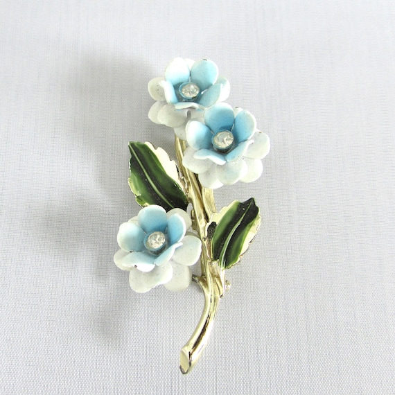 Enamel Blue White Flower Pin Brooch Rhinestone Sp… - image 1