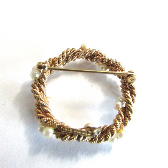 Cultured Pearl Circle Pin Brooch Vintage Gold Fil… - image 4