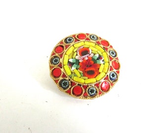 Vintage Micro Mosaic Brooch Pin Italy Gilt Metal Red Yellow Millefiore