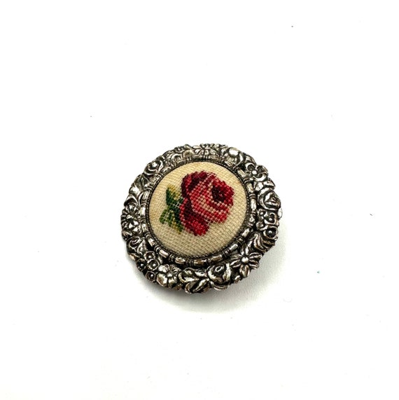 Vintage Needlepoint Floral Pin Brooch  Rose Petit… - image 3