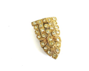 Art Deco Rhinestone Dress Clip Brooch Gold Wash Gilt Assemblage Costume Design Dressmaker Bridal