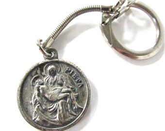 St Christopher Key Chain Pieta Religious Medal  1pc Vintage Silver Tone