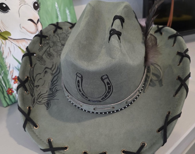 Hand Burned - VeganSuede - Sage Green colored Cowboy- Rancher Hat