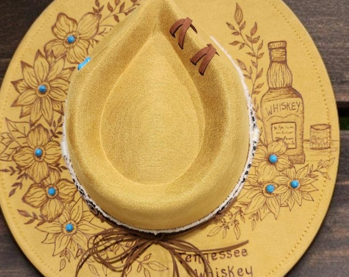 Hand burned to the brim - Pretty Mustard colored Cowboy - Rancher - Fedora Hat One-of-a-kind- Whiskey Themed Hat with turquoise studs