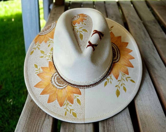 Hand Burned to the brim - pretty Off White - Creamy colored - vegan suede - Cowboy Hat - Rodeo Hat - Rancher hat
