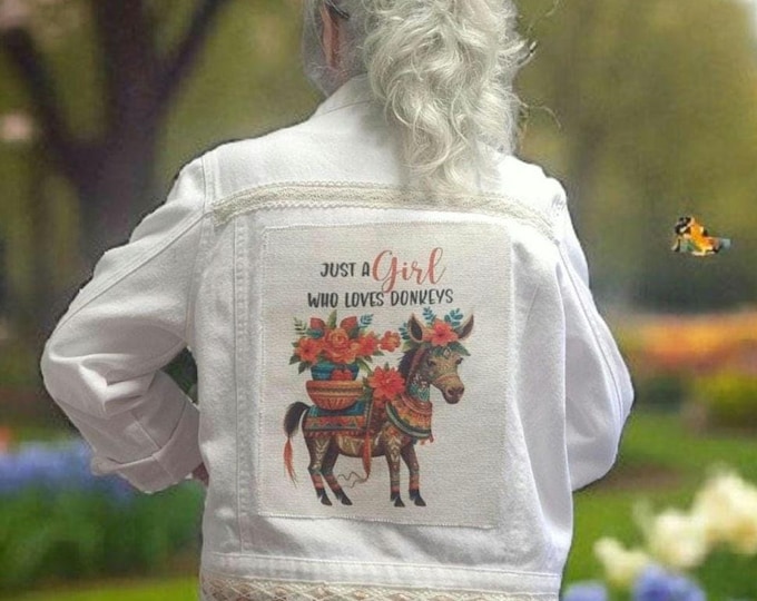 Upcycled - White Denim Jacket - Burro Themed - women's size large - NEW Never Worn