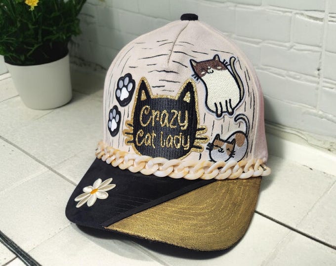 Fun - embellished - handcrafted- Cat Lady - baseball cap