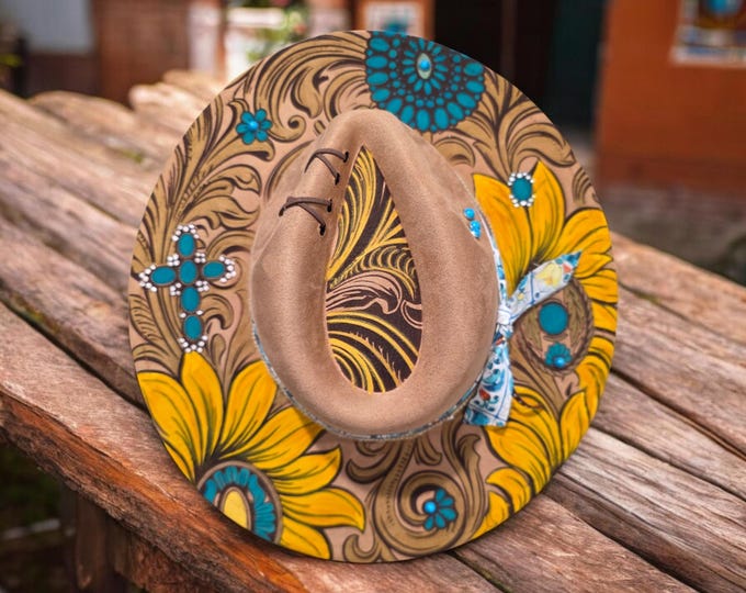 Burned - Vegan Suede - Rancher - Cowboy hat - pretty Brown and teal colored