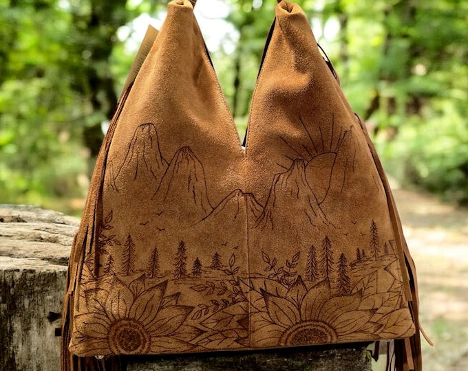 Hand Burned- GENUINE SUEDE LEATHER - Pretty Rusty Brown colored - Handbag - Shoulder Bag