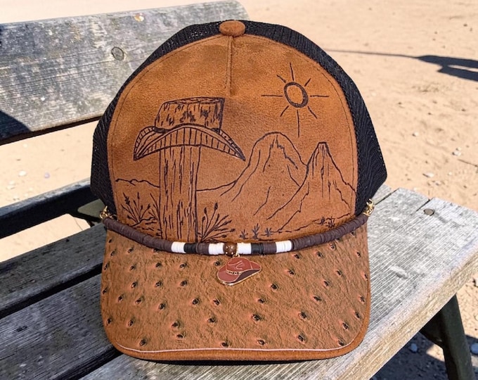Hand Burned - Camel Brown - faux suede - Desert Cowboy - baseball - trucker style hat