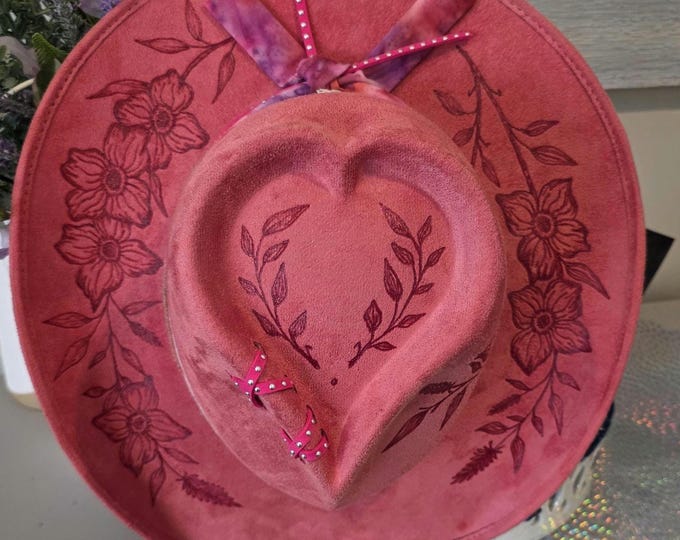 Hand Burned to the brim - Pretty Raspberry Pink colored - vegan suede - Cowboy Hat - Rodeo Hat