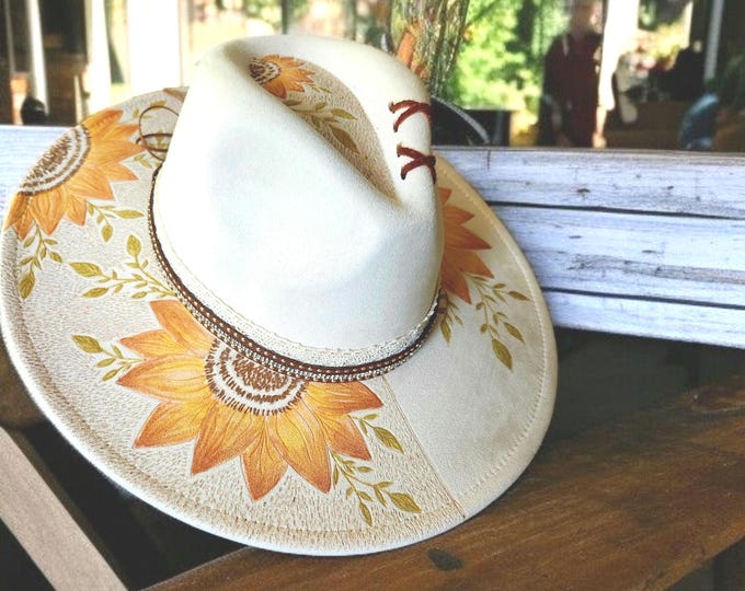 Hand Burned to the brim - pretty Off White - Creamy colored - vegan suede - Cowboy Hat - Rodeo Hat - Rancher hat