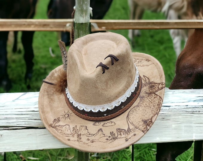 Hand Burned faux suede Wild Burro cowboy-rancher hat