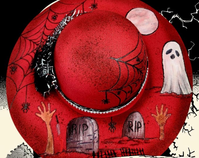 SALE PRICE - Hand Burned and painted - Deep Red colored - Felt Halloween Hat