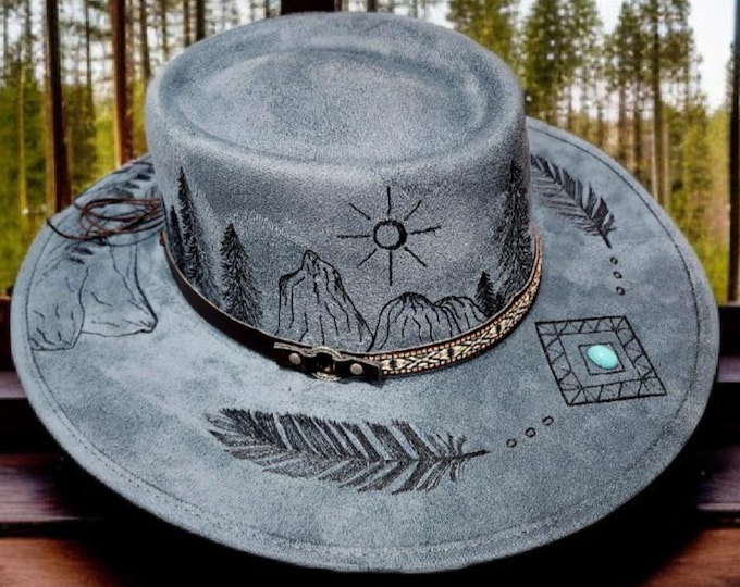 Hand Burned to the brim - Teal Blue colored - vegan suede - Cowboy Hat - Rodeo Hat - Rancher Hat