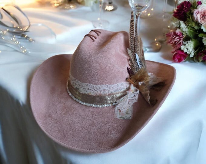 Hand Burned - Vegan Suede - Panama - Fedora - Western Hat in a pretty blush pink