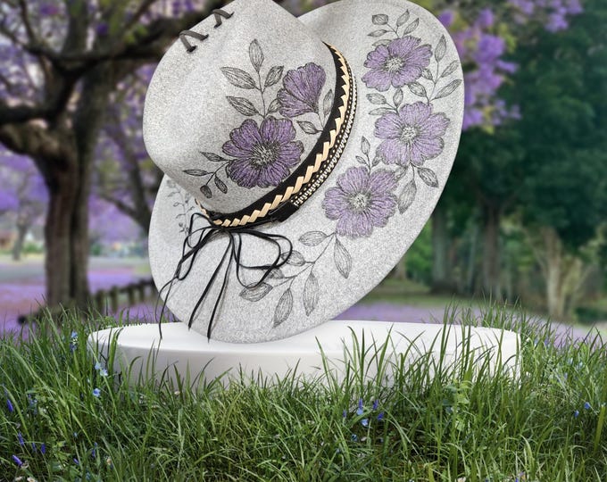 Hand Burned Grey and purple colored - Felt -  Bolero or Boater Hat