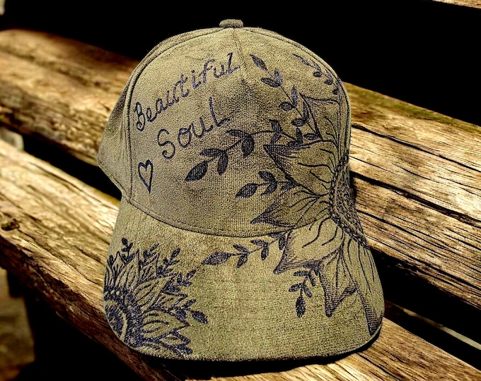 Hand Burned - Olive Green Sunflower Baseball Hat