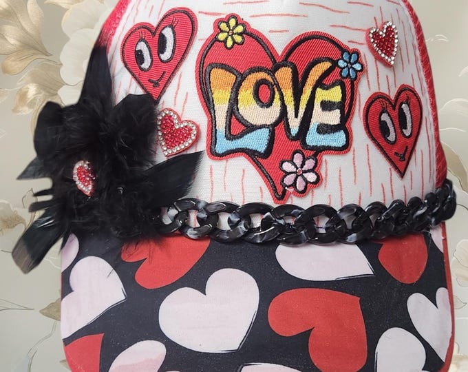 Fun embellished  handcrafted- Valentines day - baseball cap with bling
