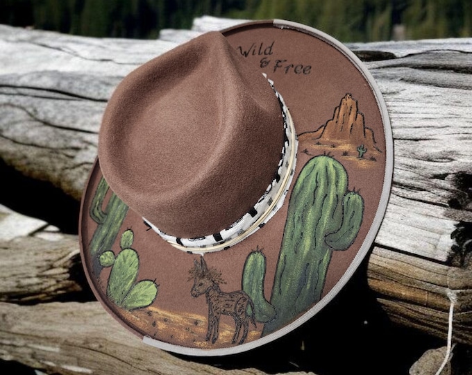 Hand Burned 100% Wool rolled brim Hat by American Hat Makers - Desert scene- size small