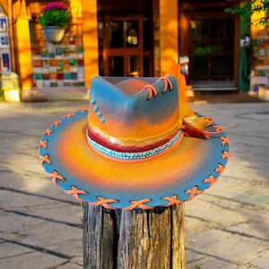 Hand Burned and Painted  Rust colored - felt - Wide Brim Rancher Hat