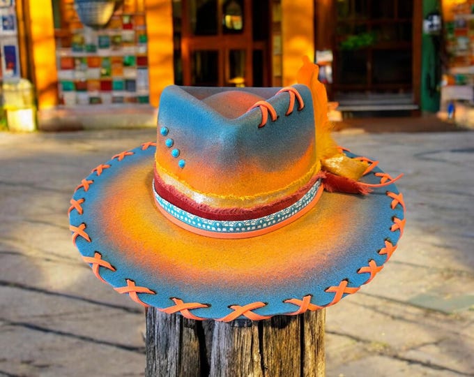 Hand Burned and Painted  Rust colored - felt - Wide Brim Rancher Hat