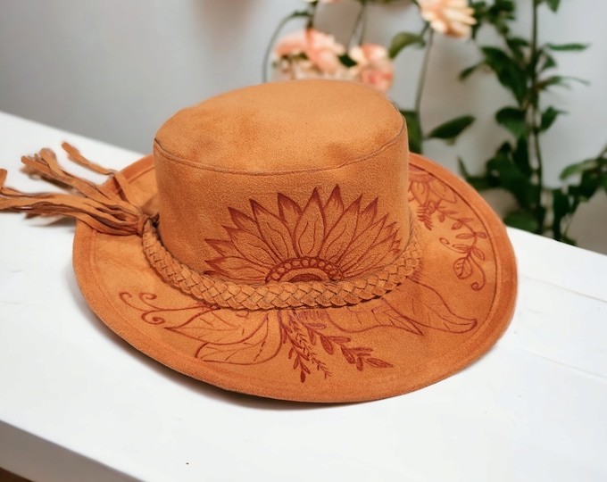 Hand Burned - VeganSuede - Panama Hat - Fedora -pretty Sunshine Orange color