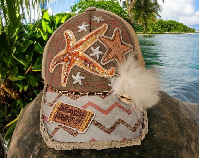 Fun - embellished - handcrafted- Beach - Tropical themed - baseball - trucker cap