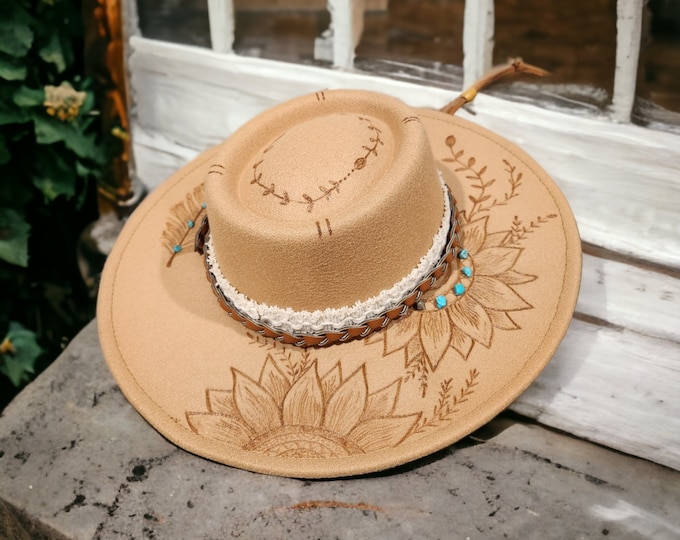Hand Burned Felt Camel colored Bolero or Boater Hat - Unisex