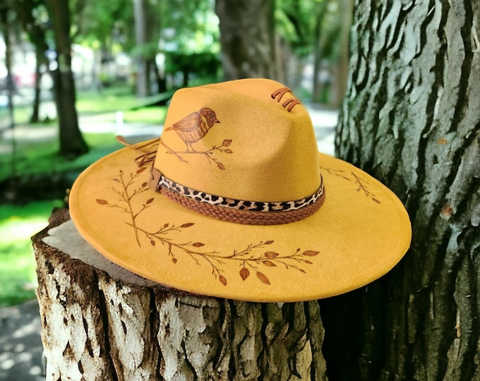 Hand Burned to the brim - pretty Golden colored - vegan suede - Cowboy Hat - Rodeo Hat - Rancher hat