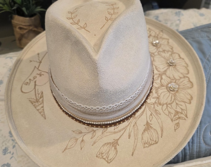 Hand Burned to the brim - Pretty Winter white colored - vegan suede - Cowboy Hat - Wedding Hat