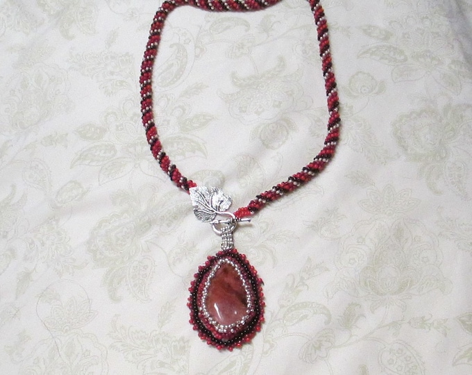 CLEARANCE PRICED - Hand Beaded and embroidered Orange, Black and Silver, Carnelian Stone Necklace