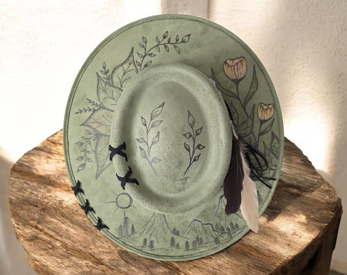 Hand Burned Olive Green colored Wide Brim Cowgirl Rancher Hat