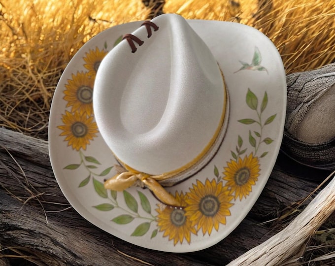 Hand Burned to the brim  - Cream colored - faux suede - Wide Brim Rancher Hat - Wedding Hat - Cowboy hat - with hummingbird