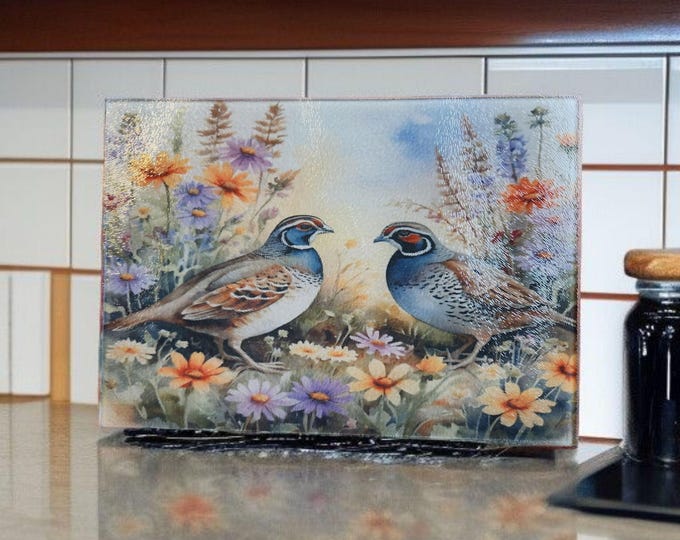 Tempered Glass Cutting Board with pretty Quail Design