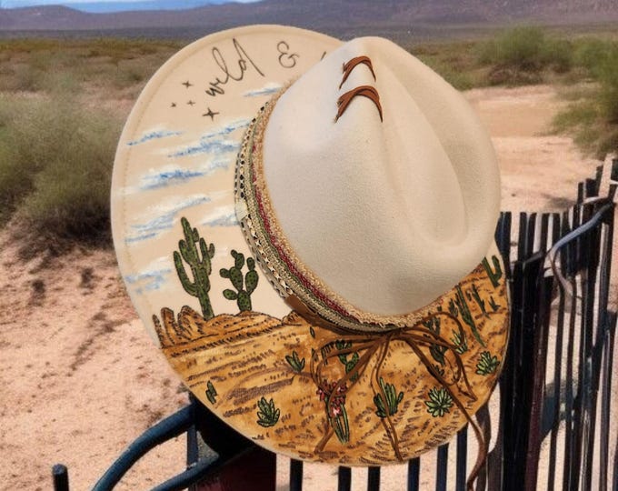 Burned and Painted - Cream colored - Felt Rancher - Cowboy Hat with Desert scene