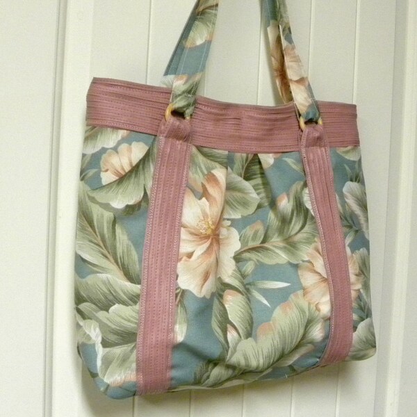 CLEARANCE PRICED - Handmade Pink Leather Trimmed Tropical Tote Bag