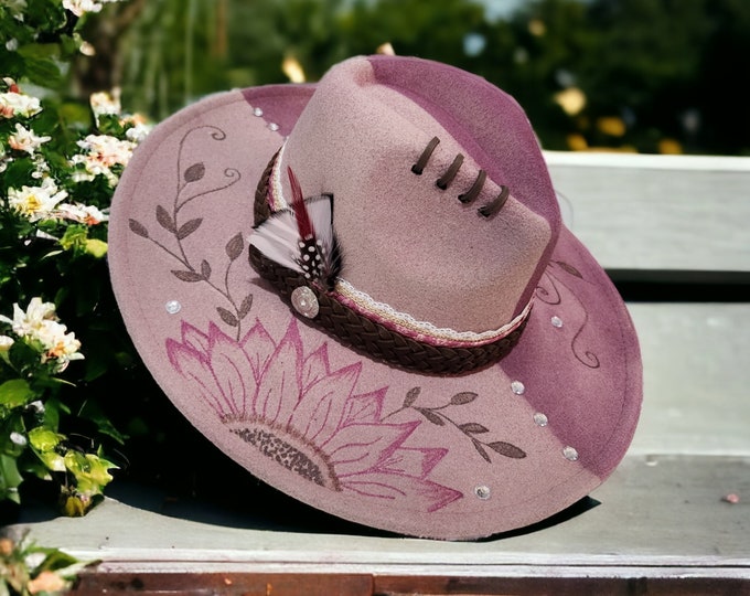 Hand Burned and Painted Plum colored felt Wide Brim Rancher Hat with Bling