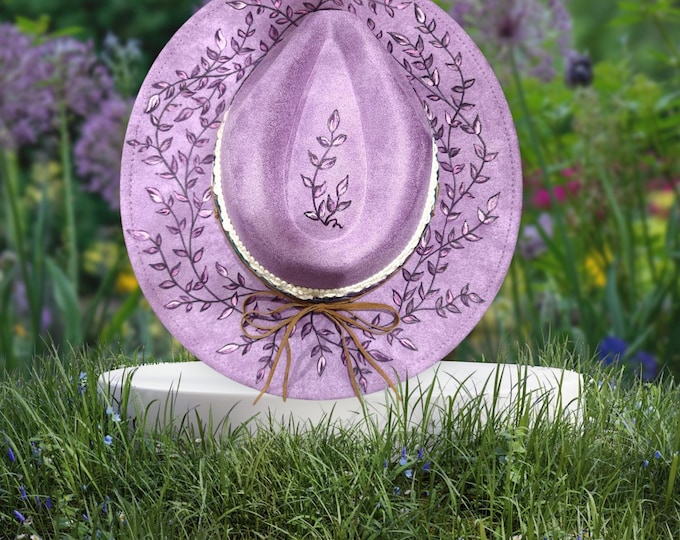Hand Burned - Vegan Suede - Panama - Fedora - Western Hat in a pretty Purple - Lavender color  -  with wide brim