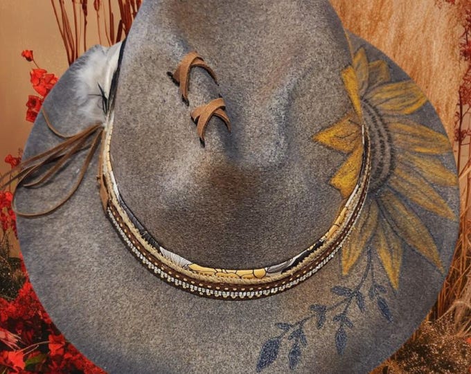 Hand Burned and distressed - felt - Fedora - Panama Hat with Flowers and vines