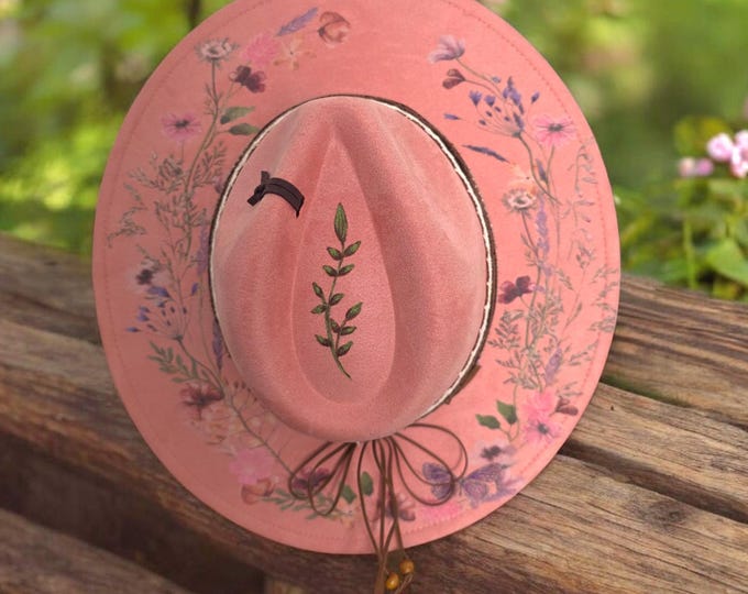 Hand Burned - Vegan Suede - Panama - Fedora - Western Hat in a pretty peachy pink color -  with wide brim
