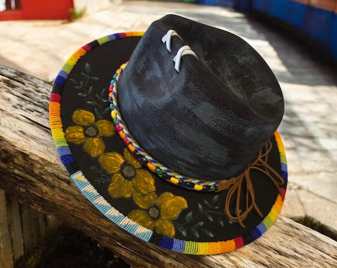 Hand Burned - Black - Felt Rancher - Fedora - Panama - Carnivale Hat with Hand Beading