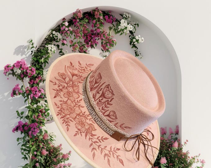 Hand Burned - Vegan Suede - Panama - Fedora - Western Hat in a pretty pink   -  with wide brim