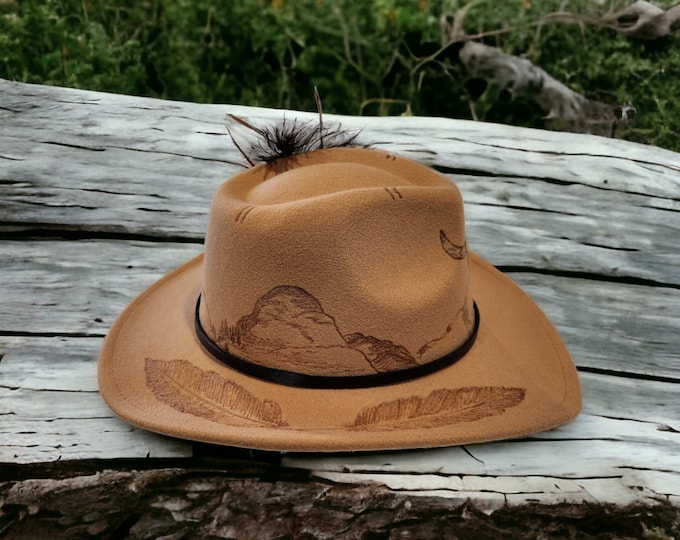 HOLIDAY SALE- Hand Burned- Unisex - Camel colored Cowboy Hat
