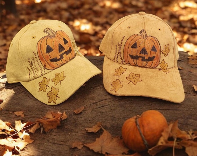 Hand Burned and painted faux suede Fall / Halloween design baseball caps in Khaki Yellow or Khaki Orange color