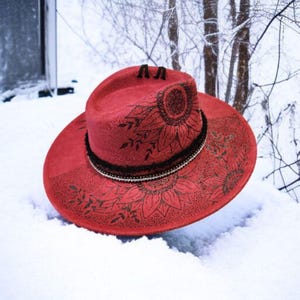 Hand Burned And Colored Fedora Sunflower Hand-Burned Fedora – Wildflowers and Barley main image 4