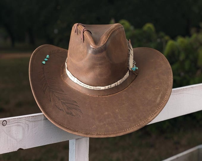 Hand Burned - Genuine Leather- Cowboy Hat with distressed look - UNISEX - X-large