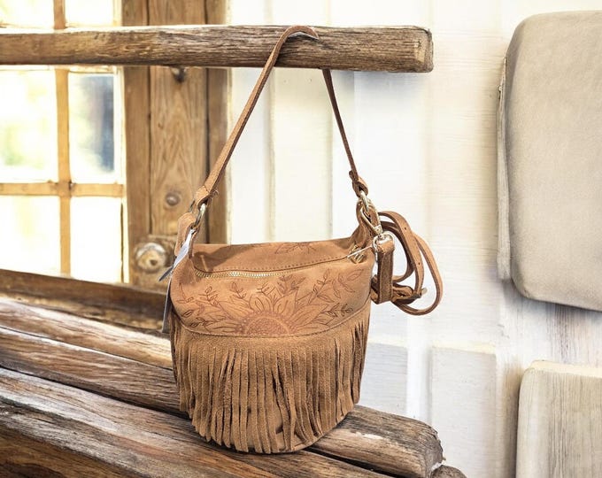 Hand Burned- GENUINE SUEDE LEATHER - Pretty Brown colored - Handbag - Shoulder Bag with fringe